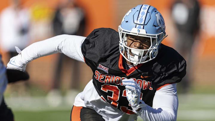 Jan 31, 2024; Mobile, AL, USA; National linebacker Cedric Gray of North Carolina (33) works in