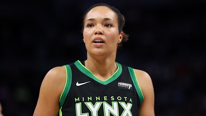 Sep 29, 2024; Minneapolis, Minnesota, USA; Minnesota Lynx forward Napheesa Collier (24) reacts during the first half against the Connecticut Sun of game one of the 2024 WNBA Semi-finals at Target Center. Mandatory Credit: Matt Krohn-Imagn Images