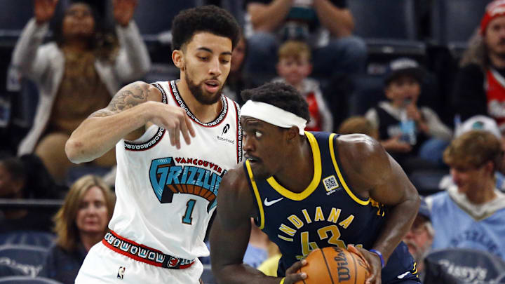 Dec 1, 2024; Memphis, Tennessee, USA; Indiana Pacers forward Pascal Siakam (43) handles the ball as Memphis Grizzlies guard Scotty Pippen Jr. (1) defends during the second quarter at FedExForum. Mandatory Credit: Petre Thomas-Imagn Images Dec 1, 2024; Memphis, Tennessee, USA; Indiana Pacers forward Pascal Siakam (43) handles the ball as Memphis Grizzlies guard Scotty Pippen Jr. (1) defends during the second quarter at FedExForum. Mandatory Credit: Petre Thomas-Imagn Images
