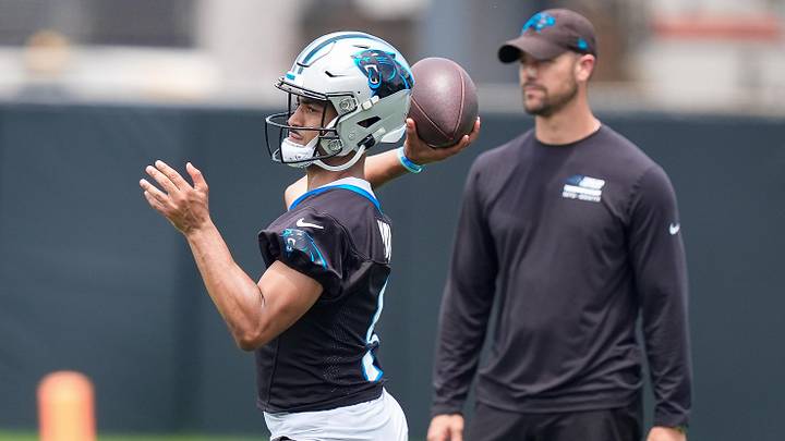 Jun 9, 2026; Charlotte, NC, USA; Carolina Panthers quarterback Bryce Young (9) throws in front of head coach Dave Canales during the first day of mini camp at Bank of America Stadium practice facility. Mandatory Credit: Jim Dedmon-Imagn Images Jun 9, 2026; Charlotte, NC, USA; Carolina Panthers quarterback Bryce Young (9) throws in front of head coach Dave Canales during the first day of mini camp at Bank of America Stadium practice facility. Mandatory Credit: Jim Dedmon-Imagn Images