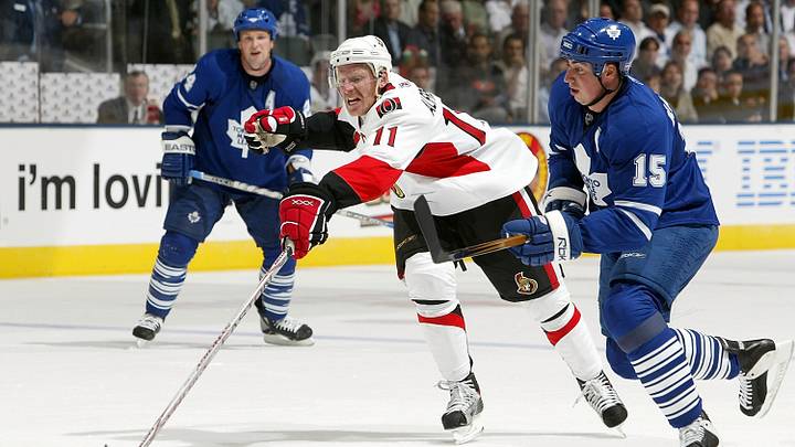 Bryan McCabe, Tomas Kaberle and Daniel Alfredsson during one of many games in the Battle of Ontario in the early 2000s Bryan McCabe, Tomas Kaberle and Daniel Alfredsson during one of many games in the Battle of Ontario in the early 2000s