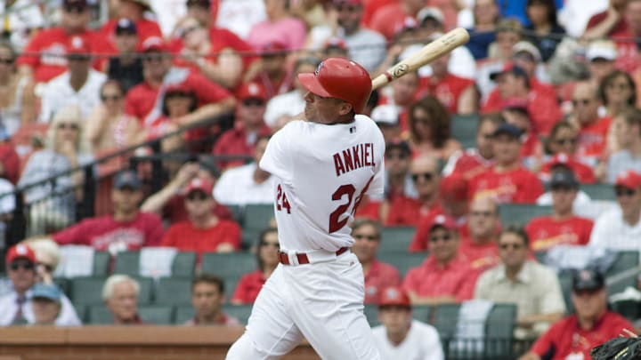 June 19, 2008; St, Louis, MO, USA; St. Louis Cardinals center fielder Rick Ankiel (24) follows through on a solo home run in the fourth inning against the Kansas City Royals at Busch Stadium. Kansas City defeated St. Louis 4-1. Mandatory Credit: Jeff Curry-Imagn Images