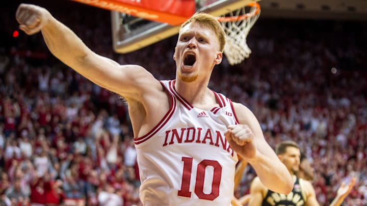 Indiana's Luke Goode (10) celebrates against Purdue at Simon Skjodt Assembly Hall.