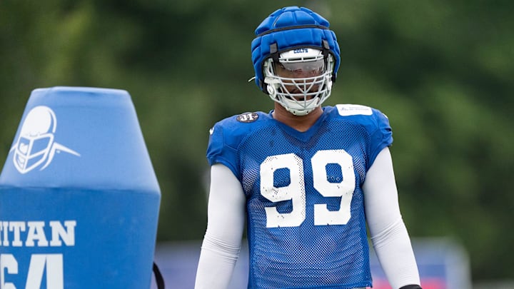Indianapolis Colts defensive tackle DeForest Buckner (99) works through drills Monday, July 28, 2025, during training camp held at Grand Park in Westfield.