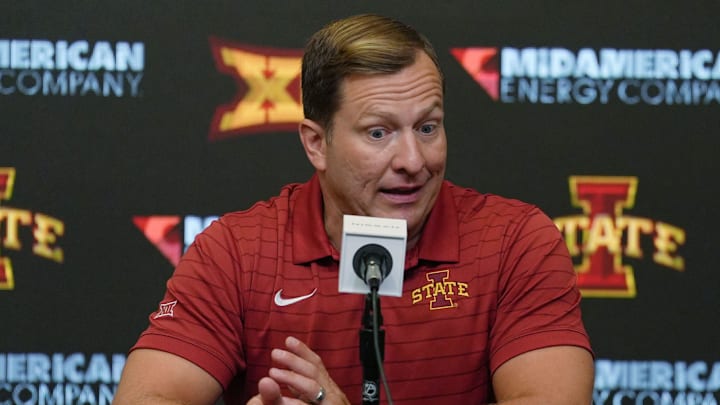 Iowa State Cyclones men's basketball head coach T.J. Otzelberger talks during the university men’s basketball media day at Hilton Coliseum on October. 8, 2025, in Ames, Iowa. Iowa State Cyclones men's basketball head coach T.J. Otzelberger talks during the university men’s basketball media day at Hilton Coliseum on October. 8, 2025, in Ames, Iowa.