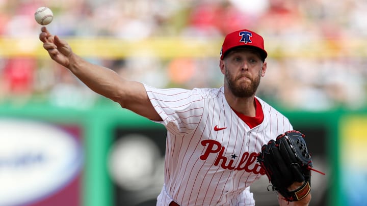 Mar 4, 2025; Clearwater, Florida, USA; Philadelphia Phillies pitcher Zack Wheeler (45) throws a pitch against the New York Yankees in the second inning during spring training at BayCare Ballpark. Mar 4, 2025; Clearwater, Florida, USA; Philadelphia Phillies pitcher Zack Wheeler (45) throws a pitch against the New York Yankees in the second inning during spring training at BayCare Ballpark.