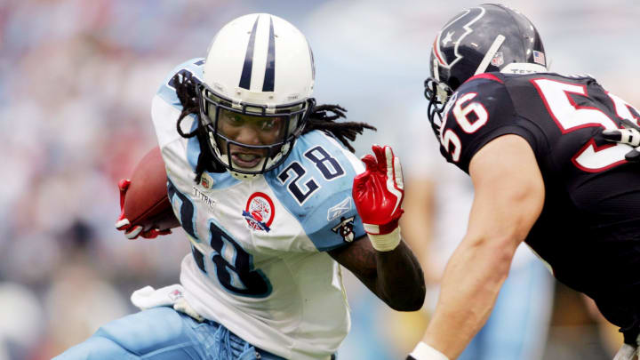 Here, Tennessee Titans running back Johnson (28) ran for some of his career-high 284 yards in a loss to the Houston Texans at LP Field Sept.20, 2009