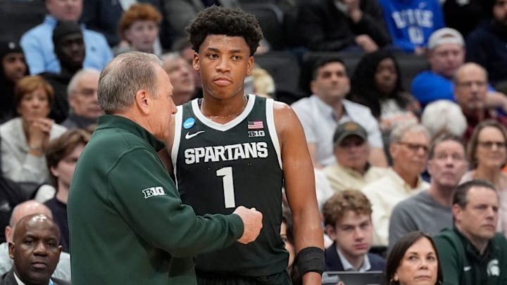 Michigan State coach Tom Izzo talks with guard Jeremy Fears Jr. (1) during the second half of the 2026 NCAA Men's Basketball East Regional game against UConn at Capital One Arena in Washington DC on Friday, March 27, 2026. 
Michigan State lost the game 67-63.