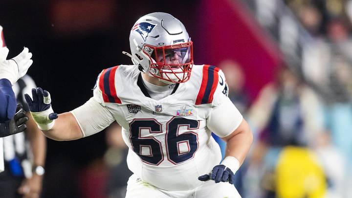 Feb 8, 2026; Santa Clara, CA, USA; New England Patriots offensive tackle Will Campbell (66) against the Seattle Seahawks during Super Bowl LX at Levi's Stadium. Mandatory Credit: Mark J. Rebilas-Imagn Images