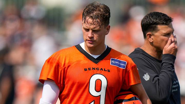 Cincinnati Bengals quarterback Joe Burrow (9) walks between drills during the first day of Cincinnati Bengals training camp at the Paycor Stadium practice facility in downtown Cincinnati on Wednesday, July 29, 2026. Cincinnati Bengals quarterback Joe Burrow (9) walks between drills during the first day of Cincinnati Bengals training camp at the Paycor Stadium practice facility in downtown Cincinnati on Wednesday, July 29, 2026.