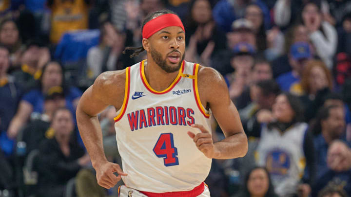 Jan 18, 2025; San Francisco, California, USA; Golden State Warriors guard Moses Moody (4) runs on the court against the Washington Wizards during the second quarter at Chase Center.