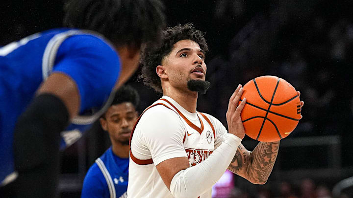 Texas Longhorns guard Jordan Pope (0) shoots a free throw during the game against New Orleans at the Moody Center on Thursday, Dec. 19, 2024.