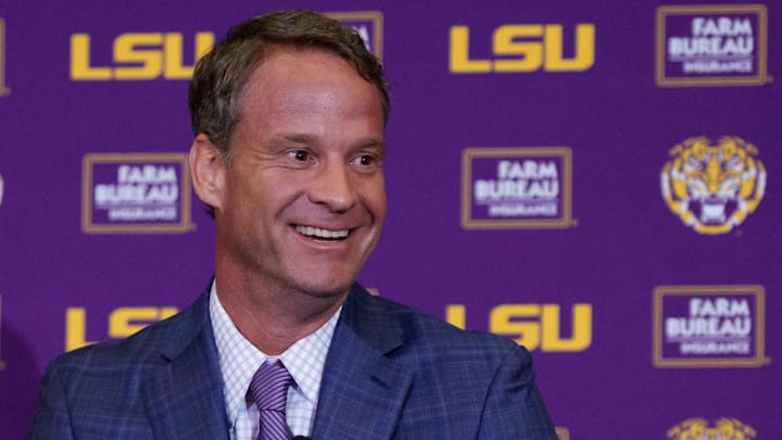 Dec 1, 2025; Baton Rouge, LA, USA; LSU new head coach Lane Kiffin speaks at South Stadium Club at Tiger Stadium. Mandatory Credit: Matthew Hinton-Imagn Images