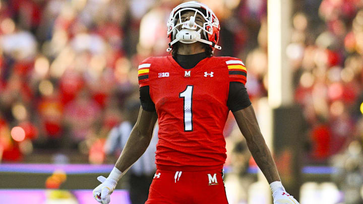 Maryland Terrapins WR Kaden Prather reacts after making a first-half reception against USC.