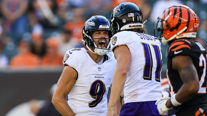 Baltimore Ravens kicker Justin Tucker (9) reacts after the victory over the Cincinnati Bengals in overtime at Paycor Stadium.