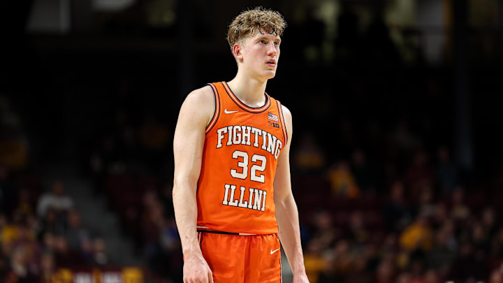 Feb 8, 2025; Minneapolis, Minnesota, USA; Illinois Fighting Illini guard Kasparas Jakucionis (32) looks on during the second half against the Minnesota Golden Gophers at Williams Arena. Mandatory Credit: Matt Krohn-Imagn Images
