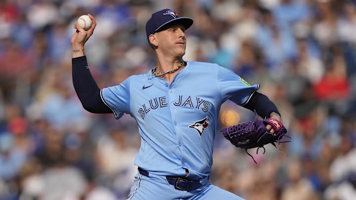Aug 24, 2024; Toronto, Ontario, CAN; Toronto Blue Jays starting pitcher Bowden Francis (44) pitches to the Los Angeles Angels during the ninth inning at Rogers Centre. Mandatory Credit: John E. Sokolowski-USA TODAY Sports
