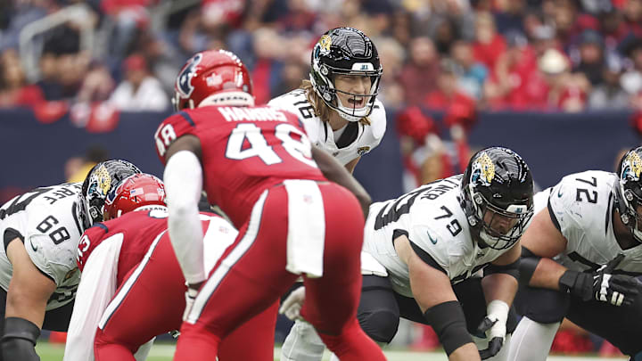 Nov 26, 2023; Houston, Texas, USA; Jacksonville Jaguars quarterback Trevor Lawrence (16) at the line