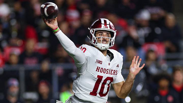 Oct 3, 2026; Piscataway, New Jersey, USA; Indiana Hoosiers quarterback Josh Hoover (10) throws a pass during the first half against the Rutgers Scarlet Knights at SHI Stadium. Mandatory Credit: Vincent Carchietta-Imagn Images