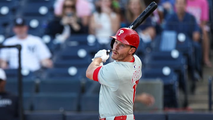 Mar 14, 2025; Tampa, Florida, USA; Philadelphia Phillies outfielder Max Kepler (17) doubles against the New York Yankees in the first inning during spring training at George M. Steinbrenner Field. Mar 14, 2025; Tampa, Florida, USA; Philadelphia Phillies outfielder Max Kepler (17) doubles against the New York Yankees in the first inning during spring training at George M. Steinbrenner Field.