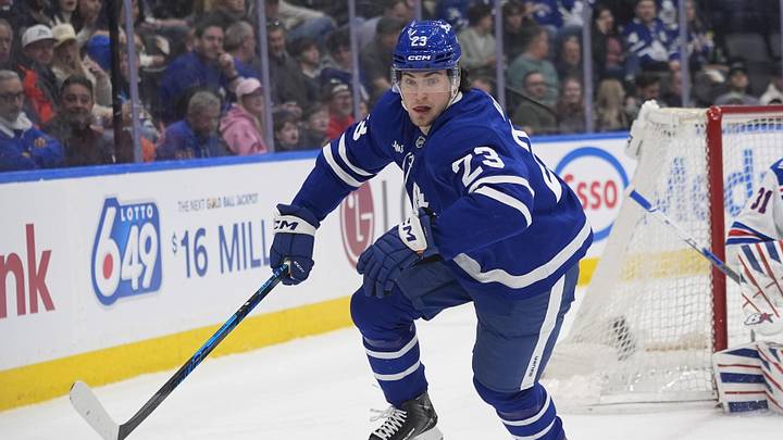 Mar 25, 2026; Toronto, Ontario, CAN; Toronto Maple Leafs forward Matthew Knies (23) skates against the New York Rangers during the first period at Scotiabank Arena. Mandatory Credit: John E. Sokolowski-Imagn Images