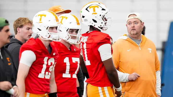 Tennessee coach Josh Heupel with the quarterbacks during the Vols' spring football practice in Knoxville on March 17, 2026.