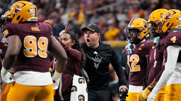 Arizona State head coach Kenny Dillingham talks to his team during the first quarter against Texas of the Chick-fil-A Peach Bowl in Atlanta on Wednesday, Jan. 1, 2025.