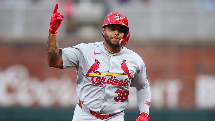 Jun 30, 2026; Atlanta, Georgia, USA; St. Louis Cardinals designated hitter Nelson Velazquez (38) celebrates after a home run against the Atlanta Braves in the fourth inning at Truist Park. Mandatory Credit: Brett Davis-Imagn Images