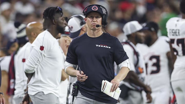 Sep 15, 2024; Houston, Texas, USA; Houston Texans offensive coordinator Bobby Slowik during the game against the Chicago Bears at NRG Stadium.