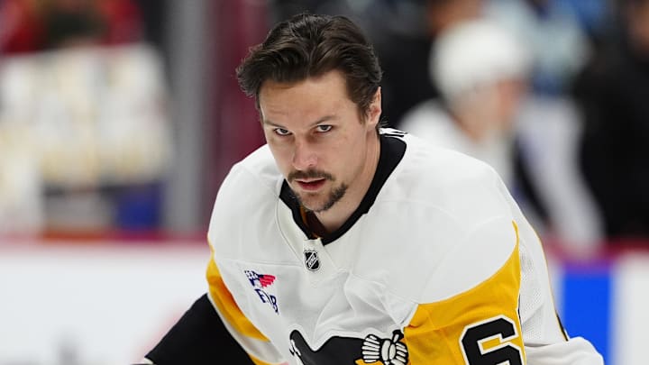 Mar 16, 2026; Denver, Colorado, USA; Pittsburgh Penguins defenseman Erik Karlsson (65) before the game against the Colorado Avalanche at Ball Arena. Mandatory Credit: Ron Chenoy-Imagn Images