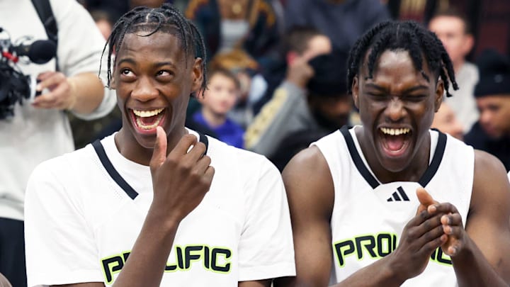 Prolific Prep's AJ Dybantsa, left, with teammate Zoom Diallo share a laugh before a game versus Orangeville Prep on Wednesday, Jan. 10, 2024. Prolific Prep's AJ Dybantsa, left, with teammate Zoom Diallo share a laugh before a game versus Orangeville Prep on Wednesday, Jan. 10, 2024.