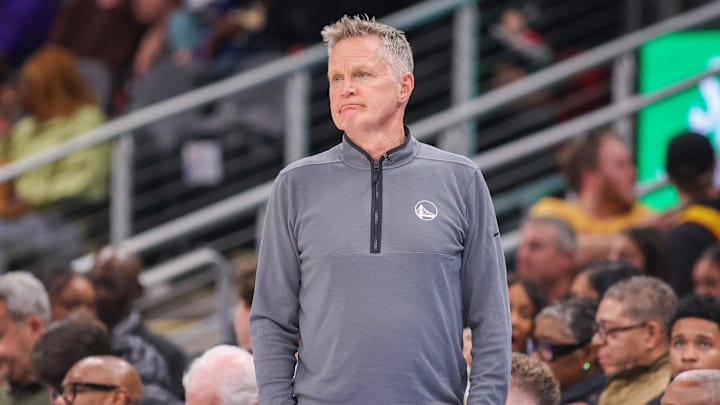 Mar 22, 2025; Atlanta, Georgia, USA; Golden State Warriors head coach Steve Kerr on the sideline against the Atlanta Hawks in the fourth quarter at State Farm Arena. Mandatory Credit: Brett Davis-Imagn Images