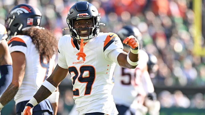 Oct 5, 2025; Philadelphia, Pennsylvania, USA; Denver Broncos cornerback Ja'Quan McMillian (29) reacts after a sack during the fourth quarter against the Philadelphia Eagles at Lincoln Financial Field. 