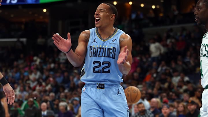 Mar 31, 2025; Memphis, Tennessee, USA; Memphis Grizzlies guard Desmond Bane (22) reacts after a foul call during the third quarter against the Boston Celtics at FedExForum. Mandatory Credit: Petre Thomas-Imagn Images