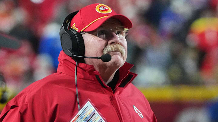 Jan 26, 2025; Kansas City, MO, USA; Kansas City Chiefs head coach Andy Reid during the second half against the Buffalo Bills in the AFC Championship game at GEHA Field at Arrowhead Stadium. Mandatory Credit: Mark J. Rebilas-Imagn Images