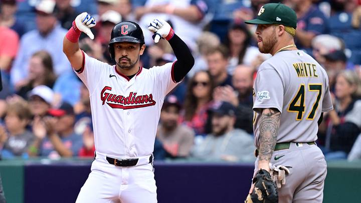 Sep 20, 2026: Cleveland Guardians center fielder Steven Kwan (38) celebrates after hitting a single during the first inning against the Athletics at Progressive Field. Credit: David Dermer-Imagn Images
