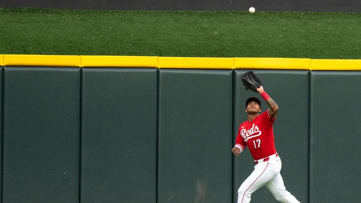 Cincinnati Reds center fielder Dane Myers (17) catches a fly ball in the third inning between the Milwaukee Brewers and Cincinnati Reds at Great American Ball Park in Cincinnati on Wednesday, June 24, 2026.