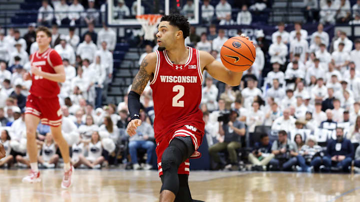 Jan 22, 2026; University Park, Pennsylvania, USA; Wisconsin Badgers guard Nick Boyd (2) drives during the first half against the Penn State Nittany Lions at Rec Hall. Mandatory Credit: Matthew O'Haren-Imagn Images