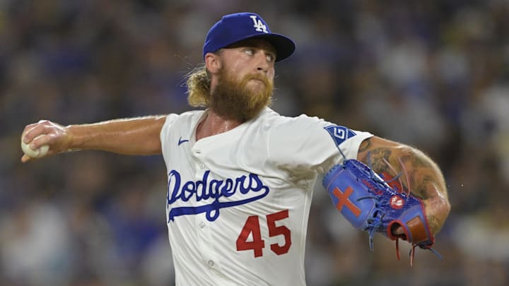 Jun 16, 2025; Los Angeles, California, USA;  Los Angeles Dodgers relief pitcher Michael Kopech (45) delivers to the plate in the seventh inning against the San Diego Padres at Dodger Stadium. Mandatory Credit: Jayne Kamin-Oncea-Imagn Images