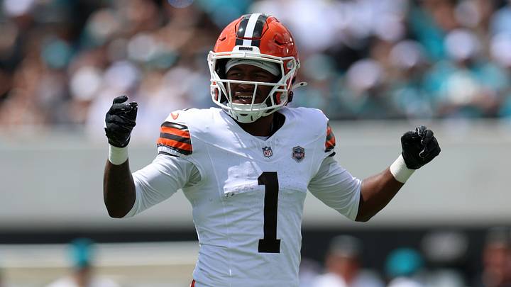 Sep 13, 2026; Jacksonville, Florida, USA; Cleveland Browns wide receiver KC Concepcion Jr. (1) in the first quarter against the Jacksonville Jaguars at EverBank Stadium.  
