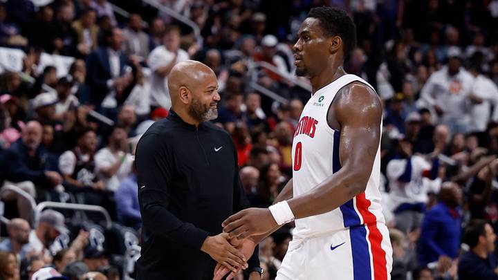 May 5, 2026; Detroit, Michigan, USA; Detroit Pistons head coach J.B. Bickerstaff slaps hands with center Jalen Duren (0) during a time out in the first half against the Cleveland Cavaliers during game one of the second round of the 2026 NBA Playoffs at Little Caesars Arena. Mandatory Credit: Rick Osentoski-Imagn Images May 5, 2026; Detroit, Michigan, USA; Detroit Pistons head coach J.B. Bickerstaff slaps hands with center Jalen Duren (0) during a time out in the first half against the Cleveland Cavaliers during game one of the second round of the 2026 NBA Playoffs at Little Caesars Arena. Mandatory Credit: Rick Osentoski-Imagn Images