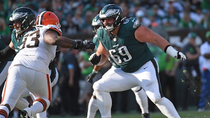 Oct 13, 2024; Philadelphia, Pennsylvania, USA; Philadelphia Eagles guard Landon Dickerson (69) blocks against the Cleveland Browns at Lincoln Financial Field. Mandatory Credit: Eric Hartline-Imagn Images