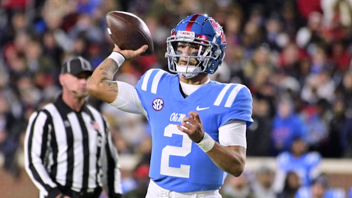 Nov 13, 2021; Oxford, Mississippi, USA; Mississippi Rebels quarterback Matt Corral (2) throws a pass