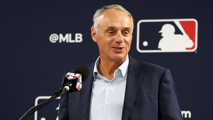 MLB commissioner Rob Manfred talks with media at George M. Steinbrenner Field. 