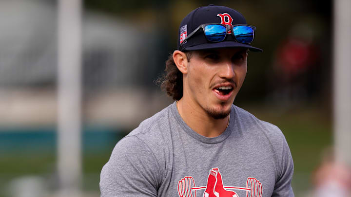 Sep 9, 2025; West Sacramento, California, USA; Boston Red Sox left fielder Jarren Duran (16) warms up before the game against the Athletics at Sutter Health Park. Mandatory Credit: Sergio Estrada-Imagn Images