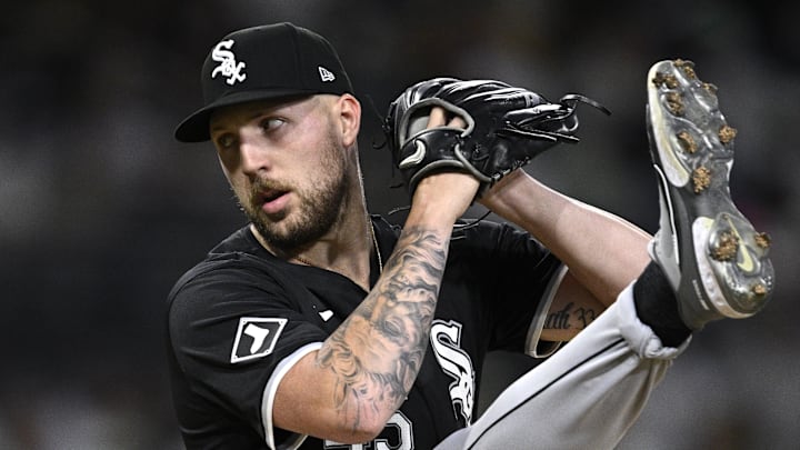 Sep 20, 2024; San Diego, California, USA; Chicago White Sox starting pitcher Garrett Crochet (45) pitches against the San Diego Padres during the first inning at Petco Park. Mandatory Credit: Orlando Ramirez-Imagn Images Sep 20, 2024; San Diego, California, USA; Chicago White Sox starting pitcher Garrett Crochet (45) pitches against the San Diego Padres during the first inning at Petco Park. Mandatory Credit: Orlando Ramirez-Imagn Images