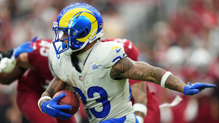 Los Angeles Rams running back Kyren Williams (23) breaks out of the backfield against the Arizona Cardinals on Sept. 15, 2024, at State Farm Stadium in Glendale.