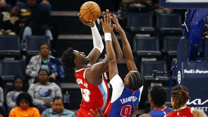 Nov 27, 2024; Memphis, Tennessee, USA; Memphis Grizzlies forward Jaren Jackson Jr. (13) shoots as Detroit Pistons forward Ausar Thompson (9) defends during the second quarter at FedExForum. Mandatory Credit: Petre Thomas-Imagn Images Nov 27, 2024; Memphis, Tennessee, USA; Memphis Grizzlies forward Jaren Jackson Jr. (13) shoots as Detroit Pistons forward Ausar Thompson (9) defends during the second quarter at FedExForum. Mandatory Credit: Petre Thomas-Imagn Images