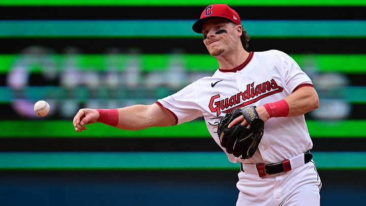 Sep 20, 2026; Cleveland, Ohio, USA; Cleveland Guardians second baseman Travis Bazzana (37) throws to first base to get out Athletics first baseman Tommy White (47) during the fifth inning at Progressive Field. Mandatory Credit: David Dermer-Imagn Images Sep 20, 2026; Cleveland, Ohio, USA; Cleveland Guardians second baseman Travis Bazzana (37) throws to first base to get out Athletics first baseman Tommy White (47) during the fifth inning at Progressive Field. Mandatory Credit: David Dermer-Imagn Images