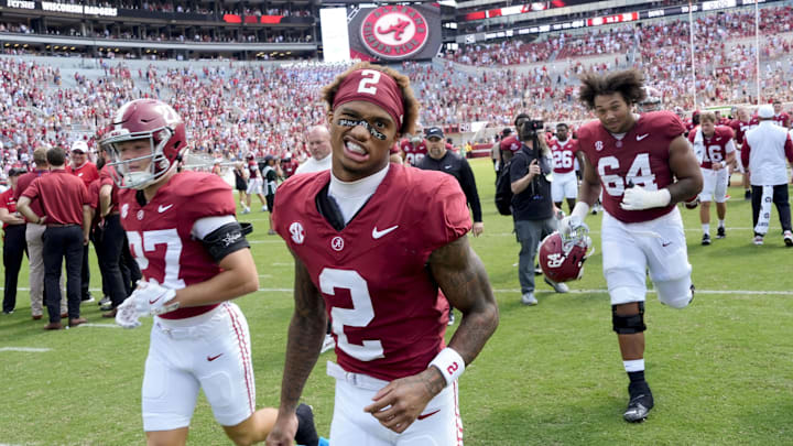 Sep 13, 2025; Tuscaloosa, Alabama, USA;  Alabama wide receiver Ryan Williams (2) makes a face at the camera as he leaves the field after Alabama’s game with Wisconsin at Saban Field at Bryant-Denny Stadium.